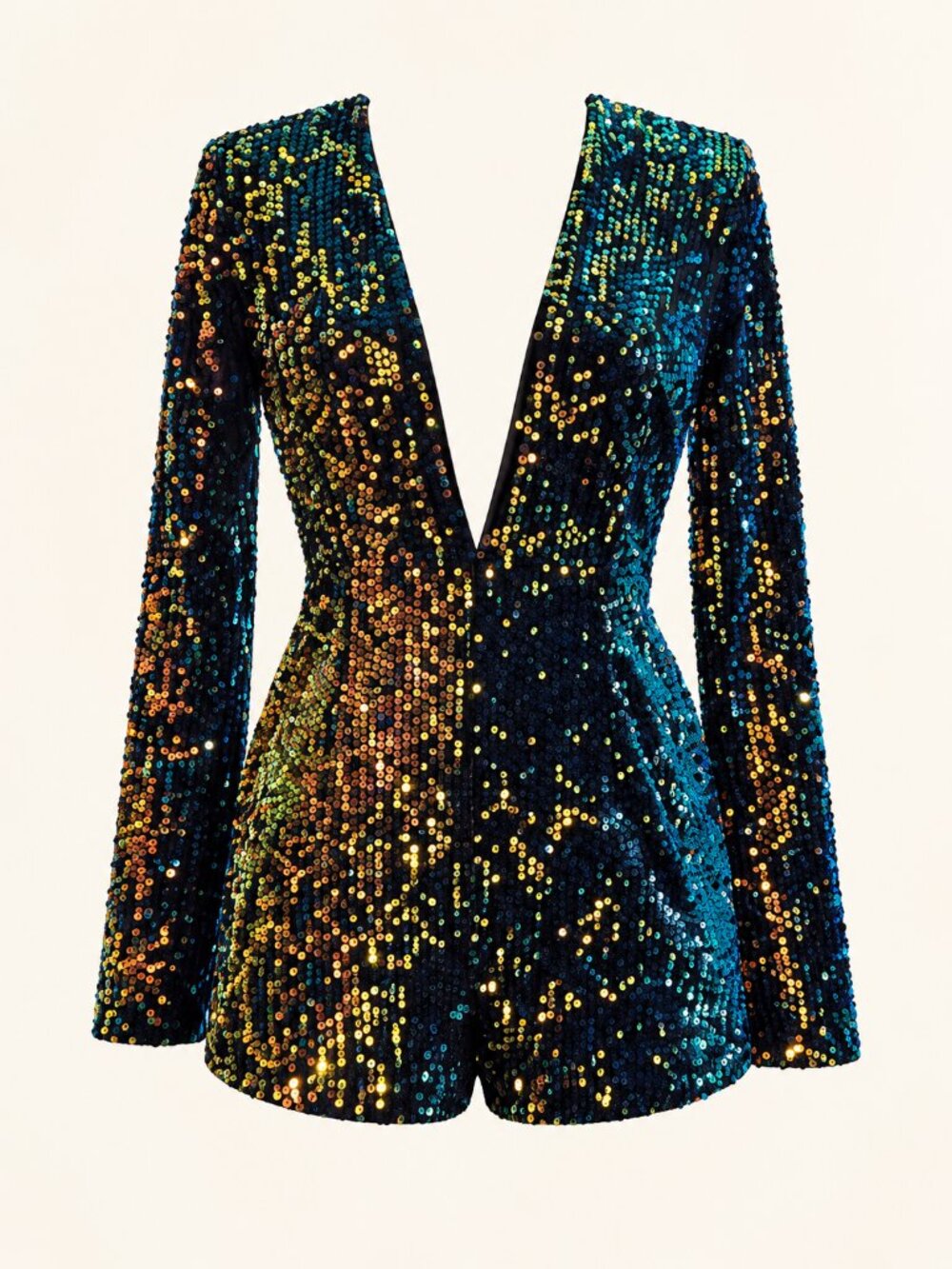 Forever 21 Iridescent Sequin Plunge Long Sleeve Romper - Size 4